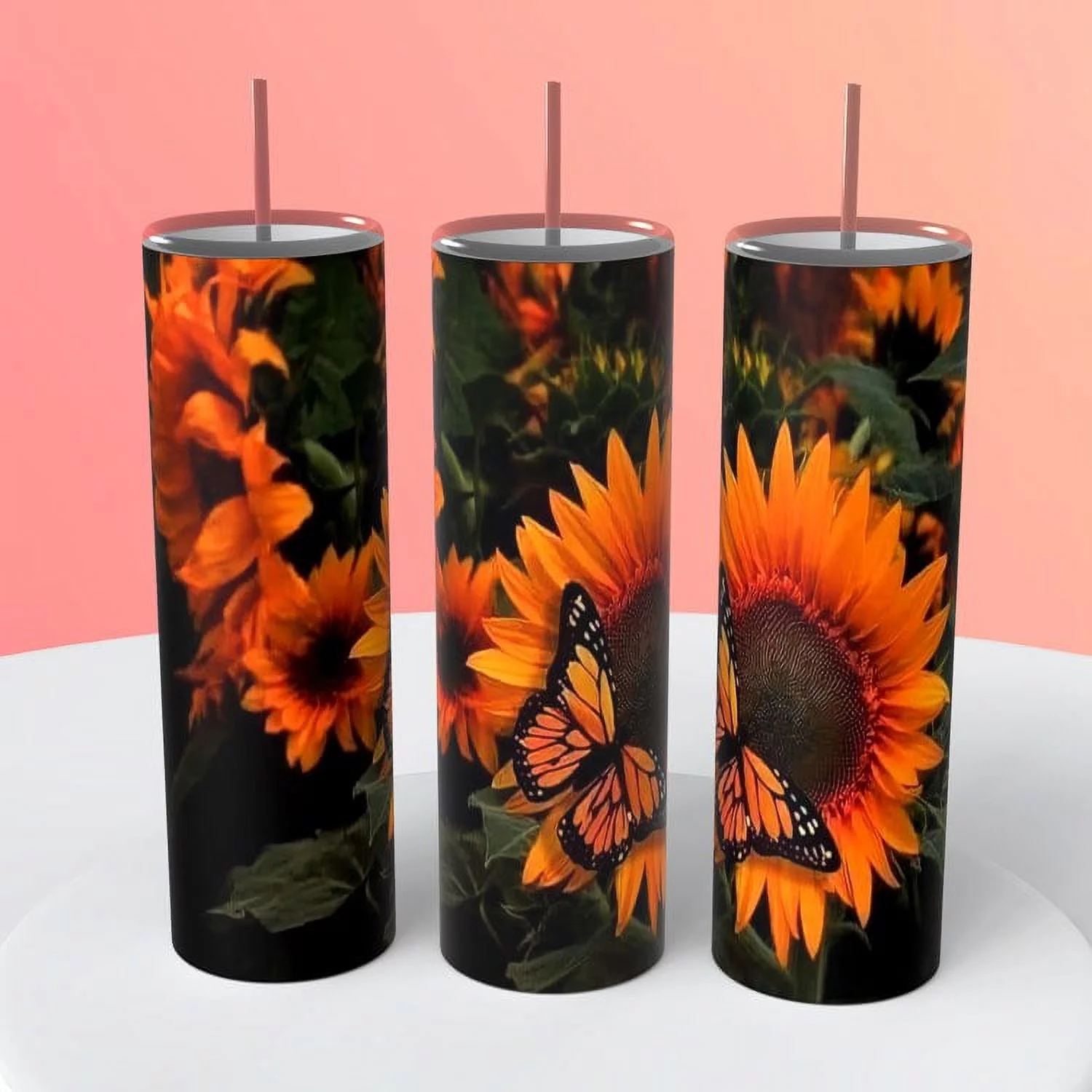 Large Sunflowers and Monarch Butterfly on 20 oz insulated tumbler coffee cup hot cold beverage