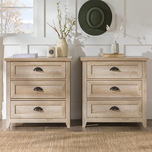 Walker Edison Hazel 2-Piece Modern Farmhouse 3 Drawer Framed Nightstand with Half-Moon Handles, Set of 2, White Oak