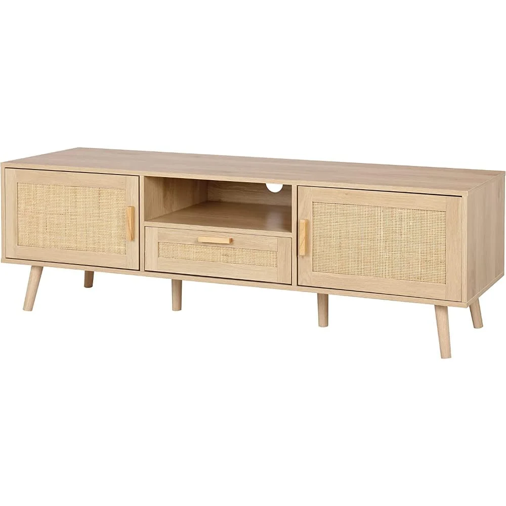 Wooden Bracket for Current Farmhouse Tv Under 65 Inches, Equipped with 2 Rattan Decorative Doors and 2 Open Shelves, Living Room Tv Console Table Entertainment Unit, Natural Color