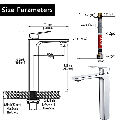 VOTON Vessel Sink Faucet Matte Black Tall Bathroom Faucet Single Handle Vanity Bathroom Sink Faucet 1 Hole Basin Mixer Tap with Water Supply Hose and Pop Up Sink Drain