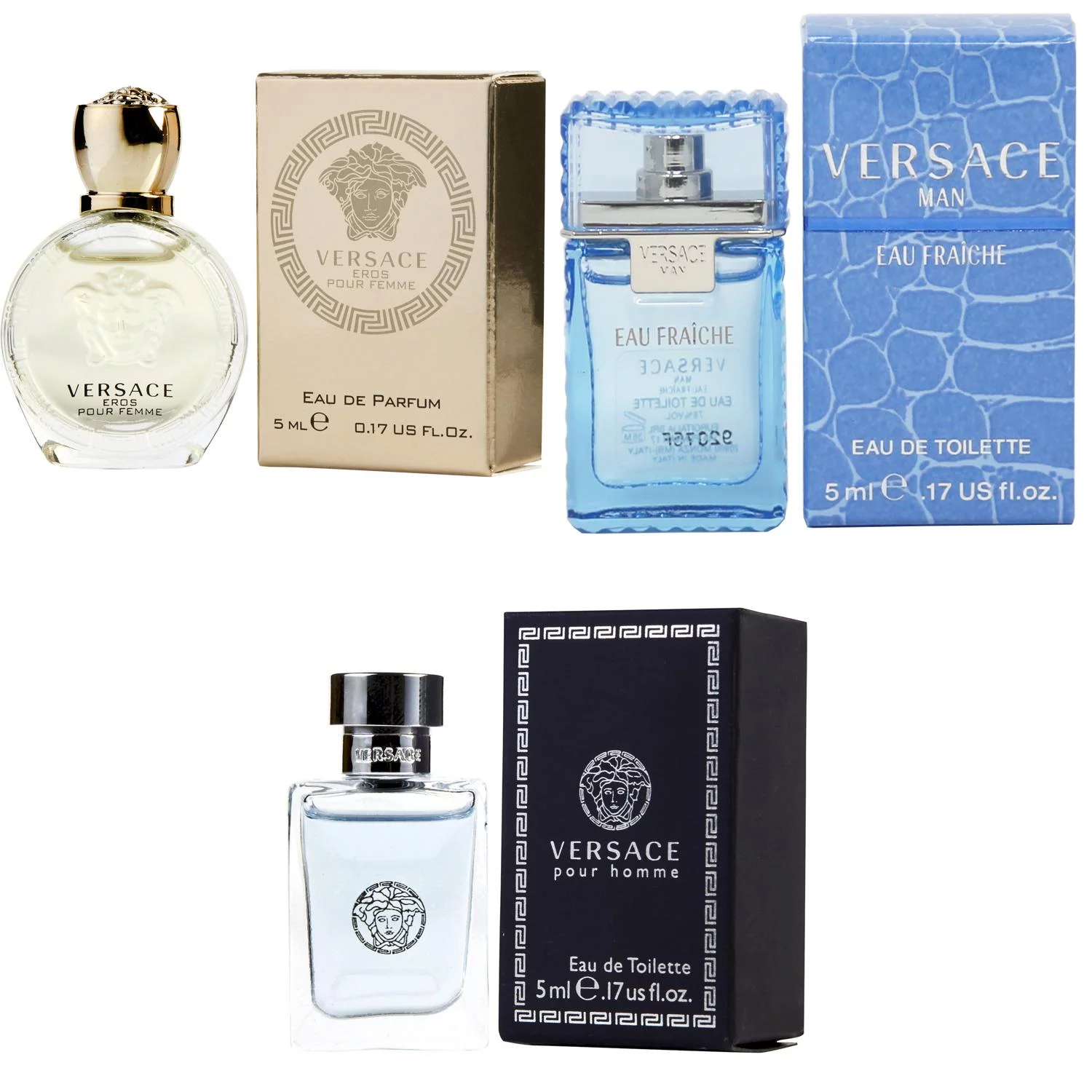Versace Eros Women EDP, Man Eau Fraiche EDT, Pour Homme EDT - 5ml 3PK Kit
