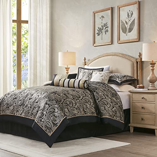 Madison Park Comforter Set, Faux Silk Jacquard Paisley Design - All Season Down Alternative Bedding with Bedskirt, Decorative Pillow, Cal King(104 in x 92 in), Black 7 Piece