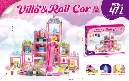 Dream Dollhouse, Racing Track, Dolls House playset with Toy Furniture and 4 Level Slide, Furniture, 3 Doll and 1 Buggy Toy and 10+ Tracks Pet and Puppy Play Area 13 Rooms