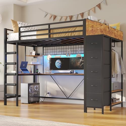 VIAGDO Loft Bed Twin Size with Hall Tree, Charging Station and LED Lights, Metal Loft Bed with L-Shaped Desk, 5 Storage Drawers, Heavy Duty Twin Size Bed with Stairs, No Box Spring Needed, Black