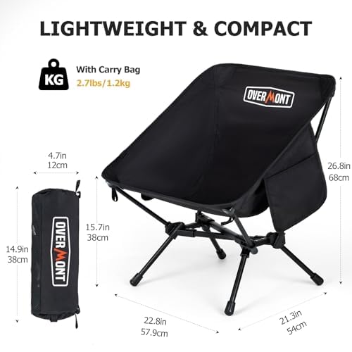Overmont Ultralight Portable Camping Chair- Lightweight Folding Backpacking Chair, Support up to 330Lbs Compact Beach Chair for Adults with Carry Bag for Backpack Hiking Fishing Outdoor Camp Travel