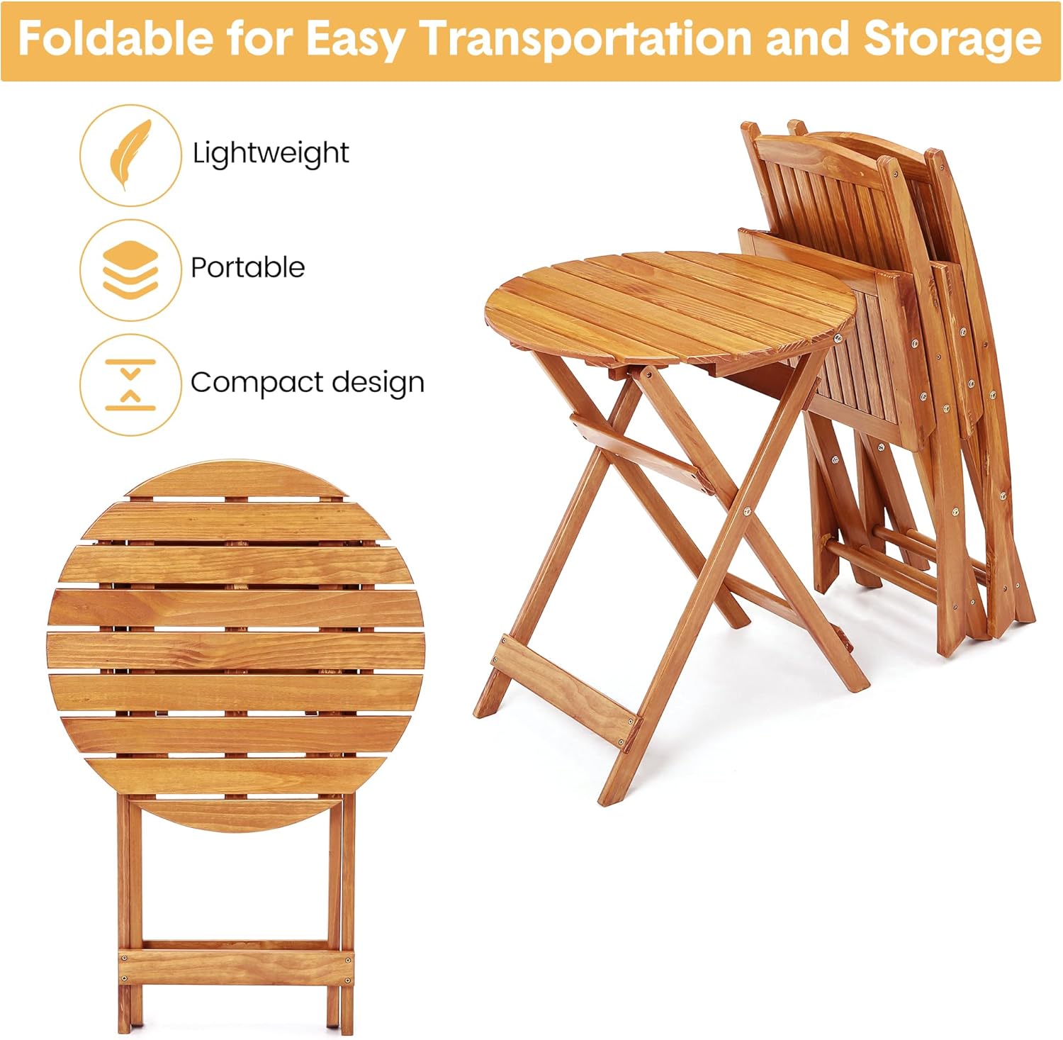 3Pcs Patio Bistro Set, Wood Folding Table Set, Outdoor Furniture Round Table for Garden Yard, Casual Bistro Table and Chairs Set of 2 for Condominium Pool Front Porch Beach, Wood