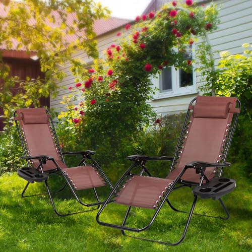 Nazhura Set of 2 Relaxing Recliners Patio Chairs Adjustable Steel Mesh Zero Gravity Lounge Chair Beach Chairs with Pillow and Cup Holder (Dark Green)