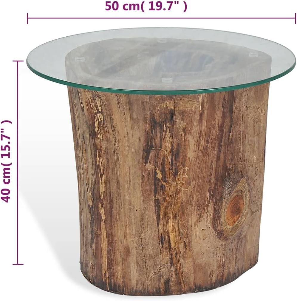 Teak Tree Stump Coffee Table, Natural Wood Side Table with Tempered Glass Top & Teak Base, Solid Wood Round Sofa Table, Tea Stand, Living Room