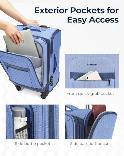 BAGSMART Carry-On Luggage Airline Approved, 20 inch Expandable Suitcase with Duffel bag, Softside Lightweight Suitcases with Spinner Wheels, Durable Travel Luggage, Carry-On Gray