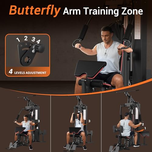 Multifunctional Workout Station, Home Gym Equipment for Full Body Training, Exercise Equipment with 150 Lbs Weight Stack, Pulley System, Adjustable Leg Press Footrest, Black