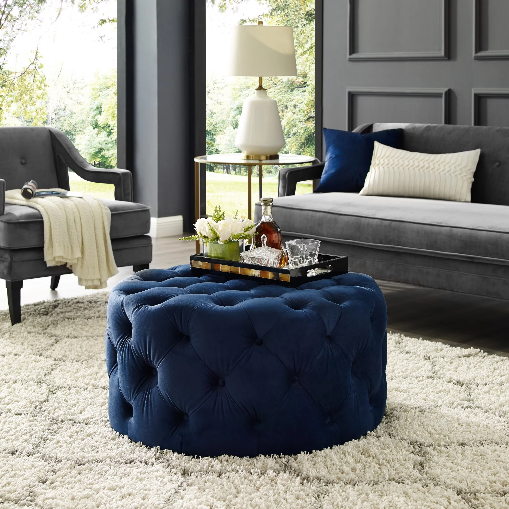 Inspired Home Tracy Velvet Cocktail Ottoman Allover Tufted Round Castered Legs Contemporary, Navy