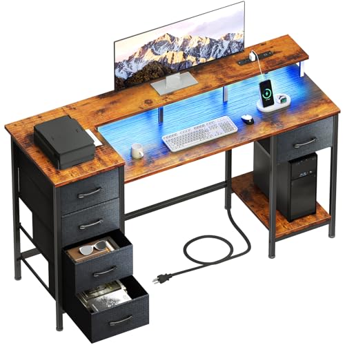47 Inch Computer Gaming Desk with Power Outlets LED Lights Reversible Home Office with Adjustable Fabric Storage Drawers for Working Writing Study, Rustic Brown