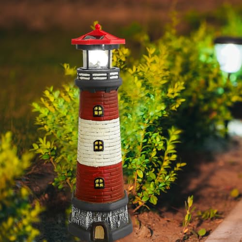 Yardwe Solar Lighthouse Statue Outdoor Garden Decor, Resin Waterproof Lawn Ornament with LED Light, Solar Powered Landscape Lamp for Yard, Patio, Porch, 14.76 Inch Red