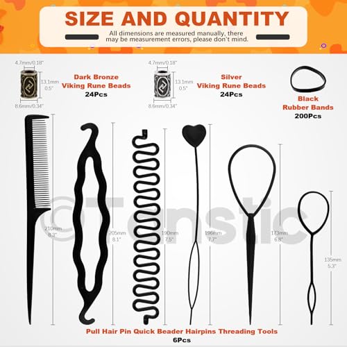 Tanstic 300Pcs Viking Rune Beads Hair Beard Beads Set Norse Hair Beads Dreadlock Beads including 5Pcs Black Pull Hairpin Quick Beader Hairpins and 200Pcs Black Rubber Bands with a Bag for Men Women