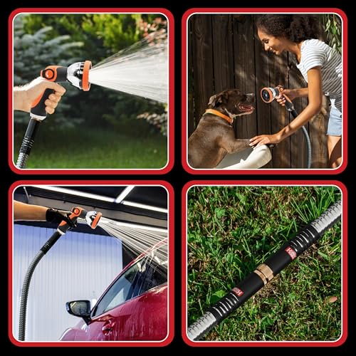 Best 100 ft Metal Garden Hose Set - No-Kink Durable 316 Stainless Steel, 10-Way Zync Spray Nozzle & Hook – Tough Flexible Heavy Duty Water Hoses, Naval Brass, Rust, Weather, LeakProof