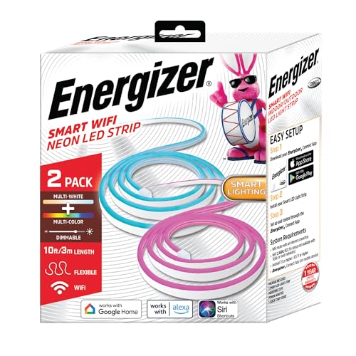 Energizer Smart 2pk Neon LED Light Strips, 20 Ft RGBW Wi-Fi LED Rope Light, Water Resistant for Outdoor & Indoor, Compatible with Alexa Google Home & Siri, Voice & Remote Control, Flexible, Dimmable