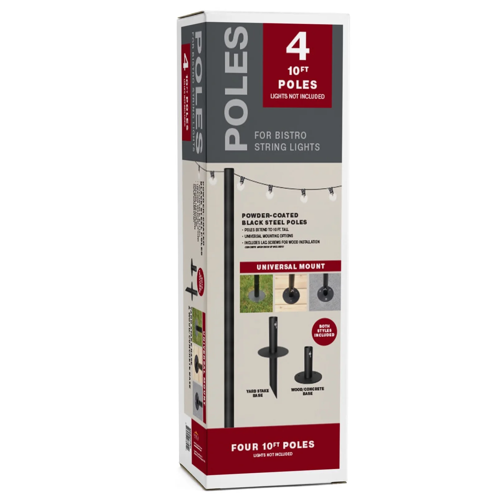 Excello Global Products Bistro String Light Poles - 4 Pack - Extends to 10 Feet - Universal Mounting Options Included - EGP-HD-0361