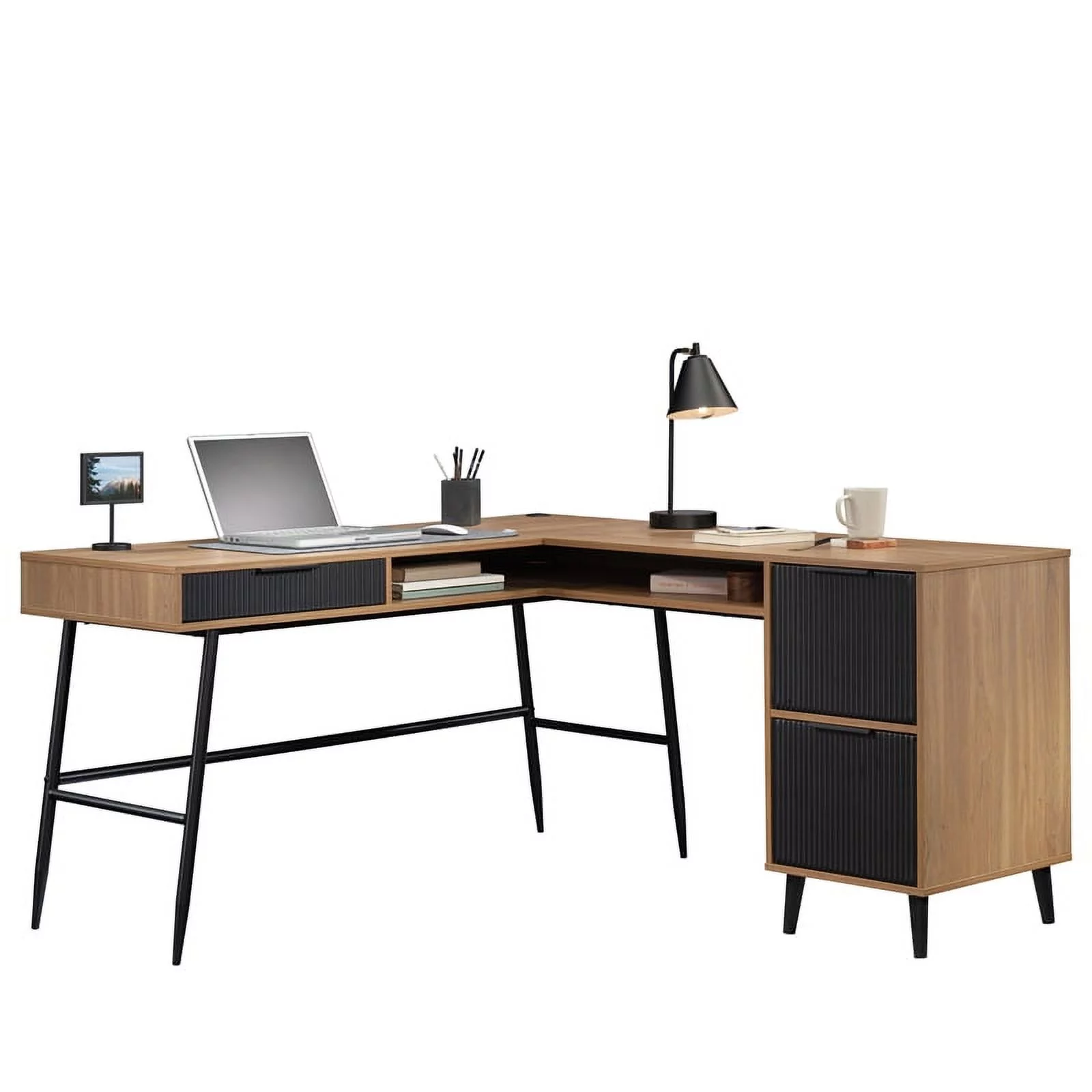 UrbanPro Modern Engineered Wood / Metal L-Desk in Serene Walnut
