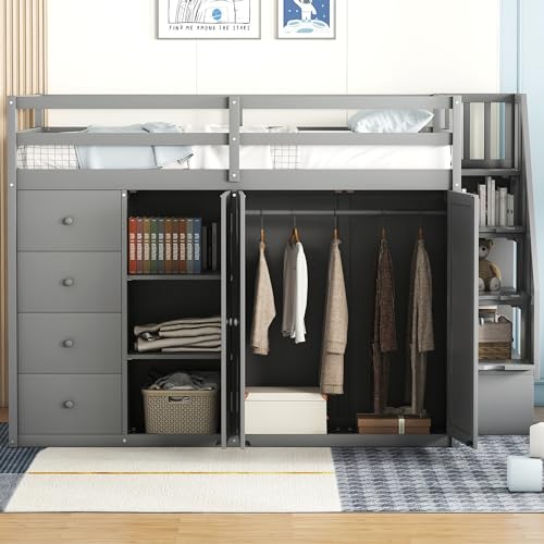 Full Size Loft Bed with Desk & Wardrobe, Solid Wood Kids Loft Bedframe w/3 Storage Drawers & 2 Shelves, Maximum Space Design, for Bedroom, Dorm, Gray