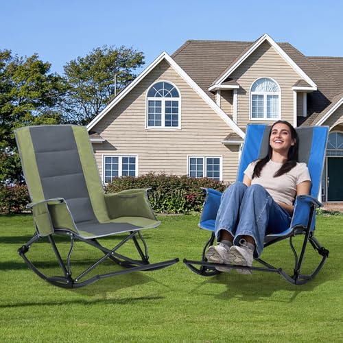 Camping Chairs for Adults, Folding Outdoor Rocking Chair with Foot Rest, 330 lbs Capacity, for Lawn, Sport Events, Blue