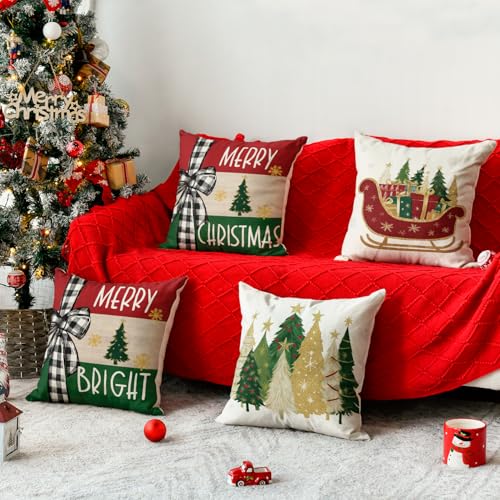 AVOIN colorlife Merry Bright Christmas Trees Star Sleigh Throw Pillow Covers, 18 x 18 Inch Bow Snowflake Red Xmas Winter Holiday Cushion Case Decoration for Sofa Couch Set of 4