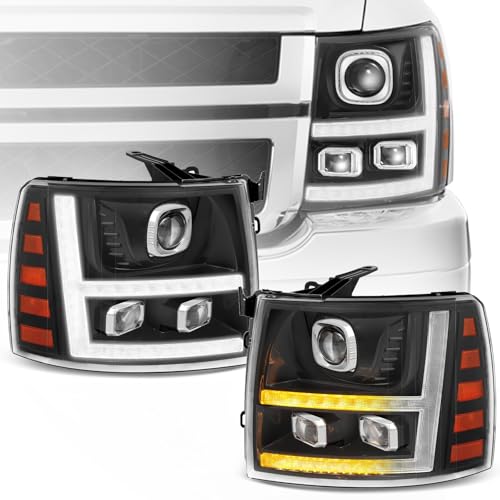 500% Brighter LED Projector Sequential LED DRL Headlight Assembly Fit For 2007-2013 Chevy Silverado 1500 / 2500HD / 3500HD & 2014 Old Body Style (Black Housing Clear Relfector)