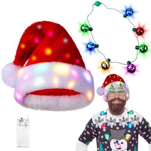 Estune 2 Pcs Light Up Christmas Hat Necklace Set LED Plush Santa Hat Christmas Bells Necklace Xmas Costume Accessories for Adult (Red)