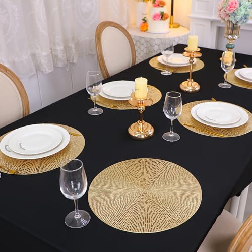 Snowkingdom Round Gold Placemats Set of 12, Gold Vinyl Metallic 15 Inch Round Placemat, Washable Wipeable Hollow Place Mats Non Slip Dining Table Mats for Halloween Wedding Party Christmas Decoration