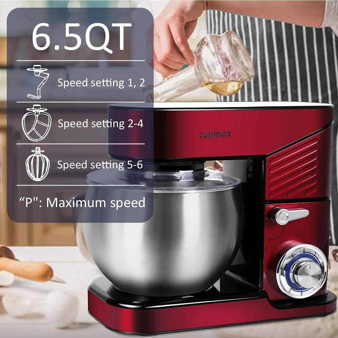 Stand Mixer, QCAI 6.5QT Mixer Stainless Steel kitchen mixer, 6-Speeds Tilt-Head Dough Mixer with Hook, Whisk & Beater, Splash Guard Electric Mixer, Red