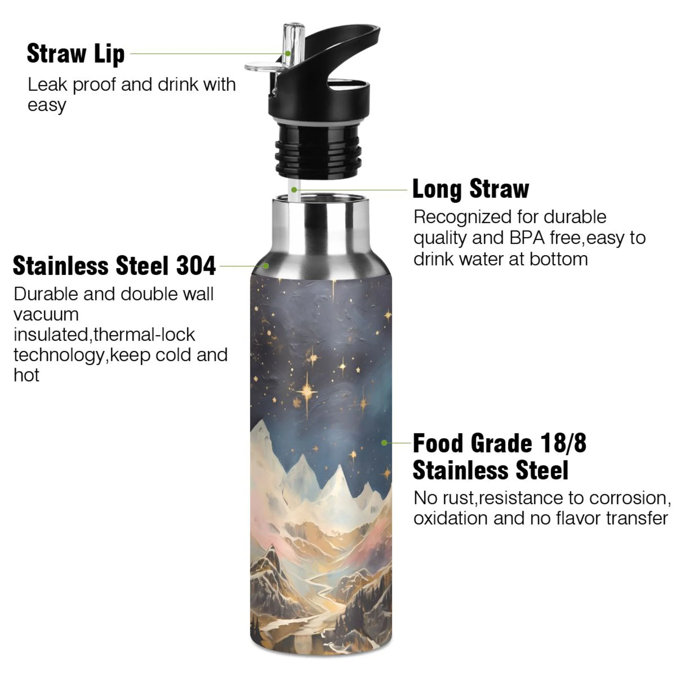 Water Bottle with Straw Lid Leak Abstract Mountains Stainless Steel Insulated Thermos Vacuum Flask for Cold Hot Drinking for Sports Camping Gym Yoga