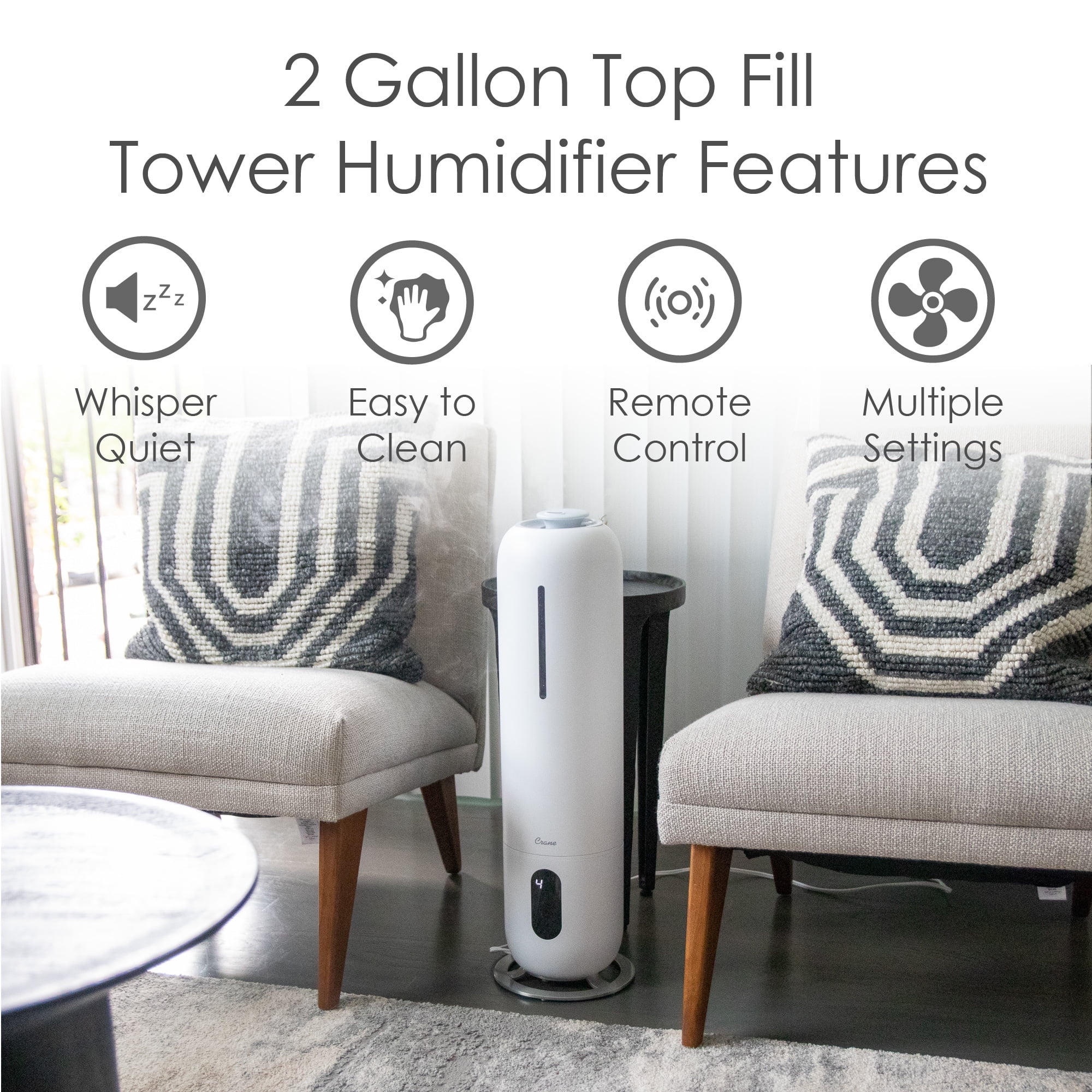 Crane USA Cool Mist Tower Top Fill Humidifier with Remote, 2 Gallons, 500 Sq. ft Coverage, UV Ionizing Light, White