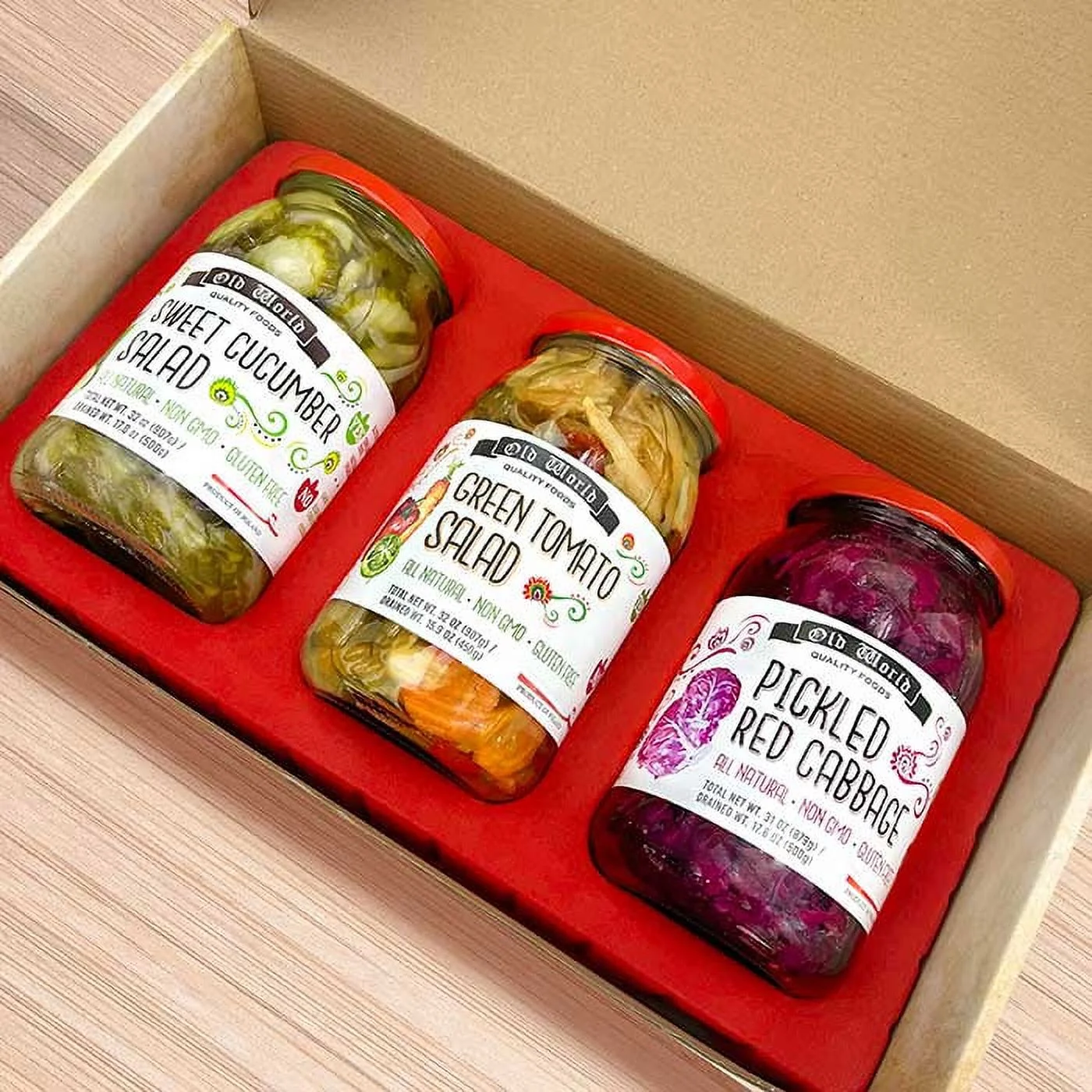 Old World Quality Foods Assorted Vegetables Gift Pack Set with Pickled Red Cabbage, Sweet Cucumber Salad, Green Tomatoes Salad, 32 oz