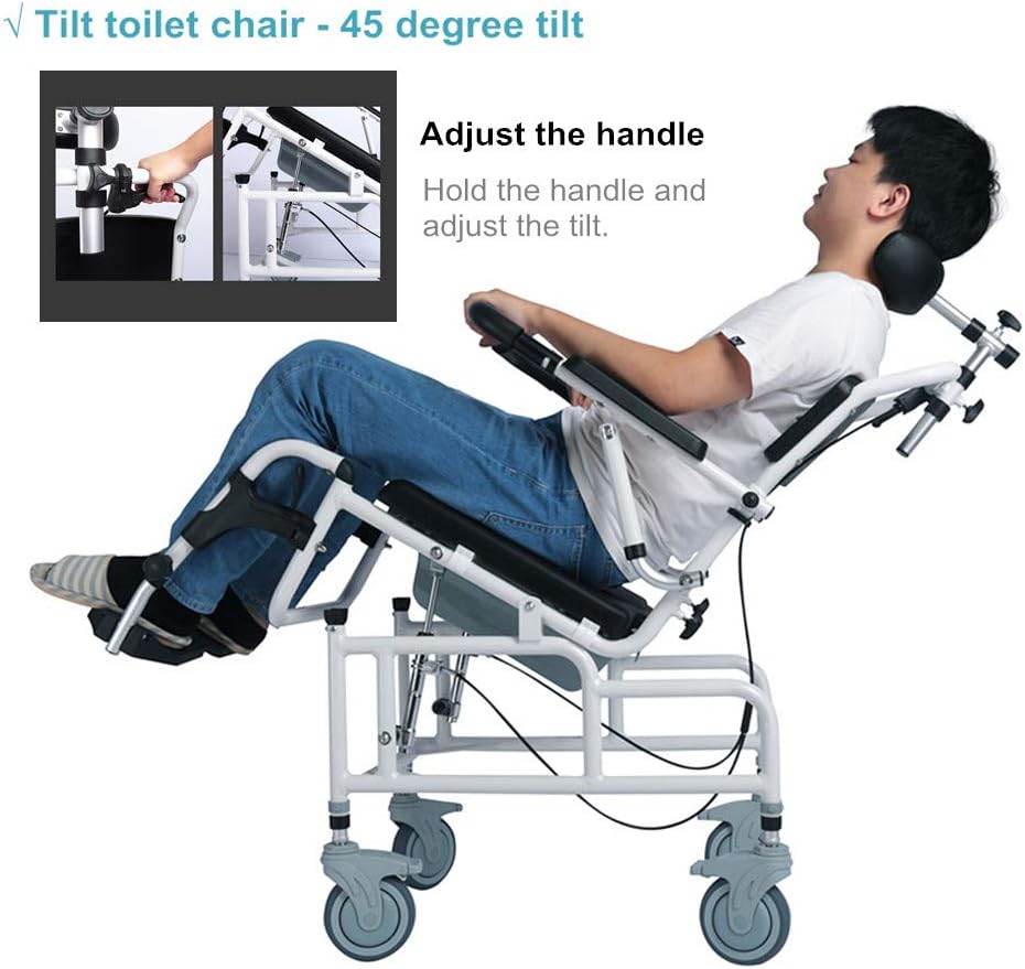 Nurth Tilt-in-Space Reclining Shower/Toilet Commode Chair, with Padded Seat, Back, Armrests. Care 4-in-1 Multifunction Chair, Flip-up Arm and Foot Rests, Commode Pail and Adjustable Headrest