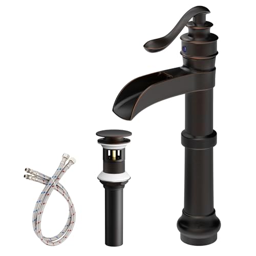 Vessel Sink Faucet, Oil Rubbed Bronze Black Bathroom Faucet, Farmhouse Waterfall Sink Faucet Single Hole with Pop Up Drain Assembly Without Overflow One Hole Mixer Tap Deck Mount