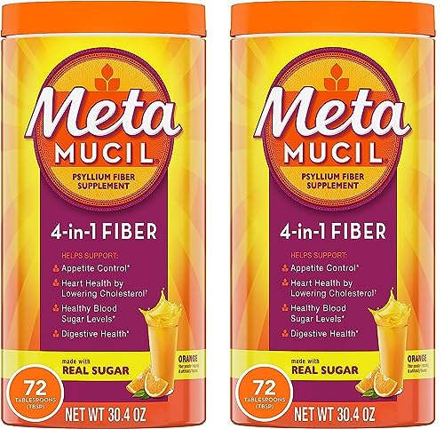 Metamucil Fiber, 4-in-1 Psyllium Fiber Supplement Powder with Real Sugar, Orange Flavored Drink, 72 Servings (Pack of 2)