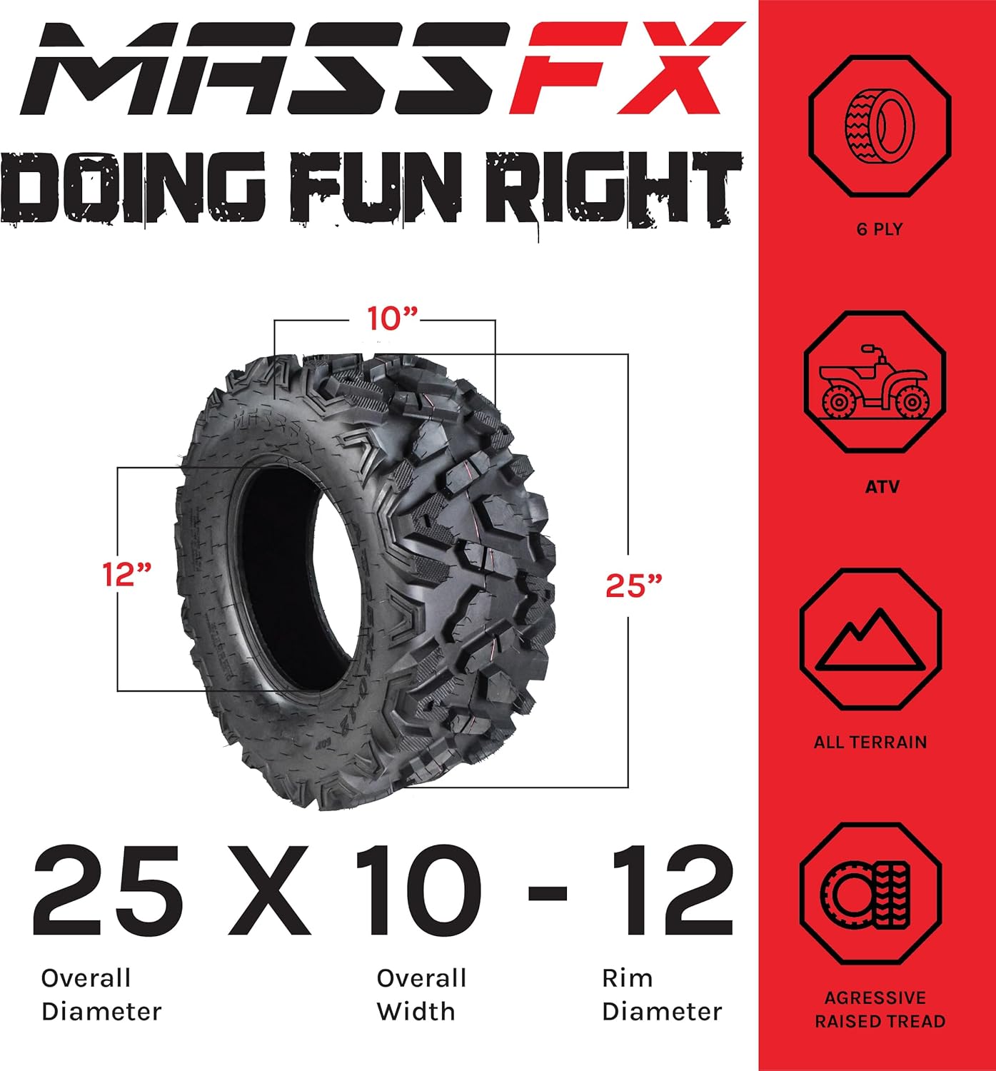 4 New 25x8-12 25x10-12 KT MASSFX ATV UTV all-terrain Tire Set 6 PLY 25