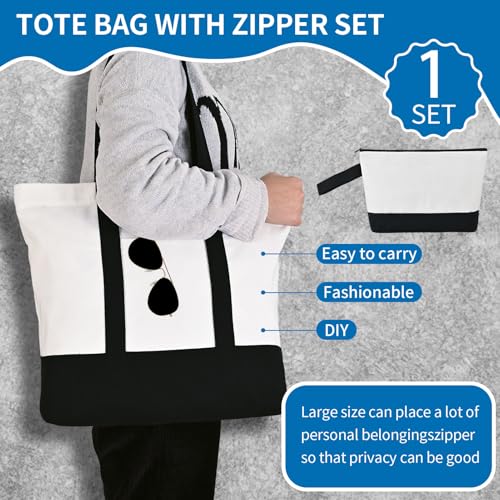 16 Pack Canvas Tote Bags Bulk and Makeup Pouches Set, 12oz Cotton Reusable Zippered Grocery Bags with Handles, DIY Sublimation, Halloween Craft, Beach & Travel with External Pocket (Women & Men)