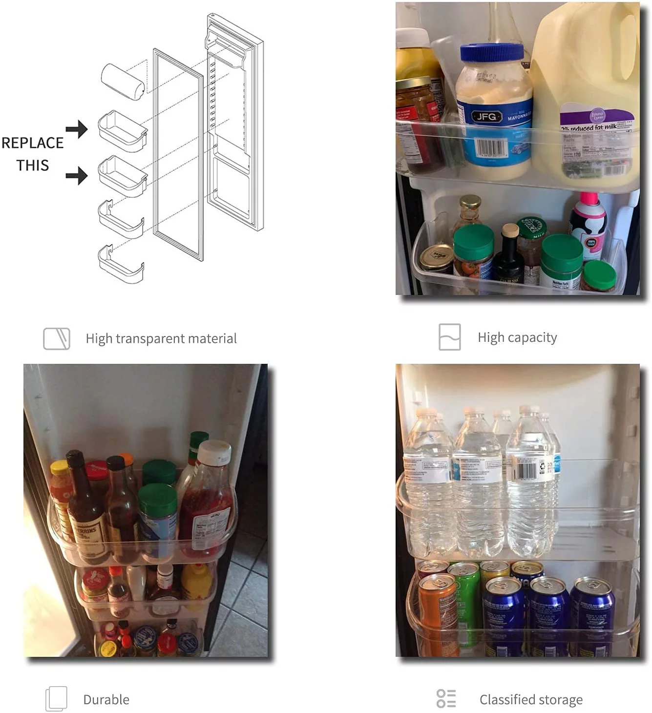 HECASA Refrigerator Clear Gallon Door Bin Shelf 2 Pack Rep. 240356402 AP2549958 for Frigidaire Kenmore Electrolux Compact Fridge Replacement Shelves