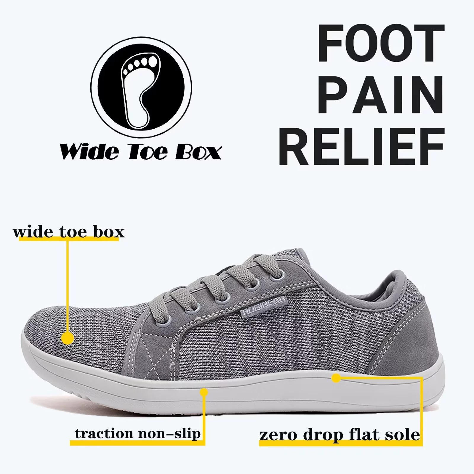 Hobibear Men's Wide Toe Box Shoes Minimalist Shoes Casual Barefoot Shoes Zero Drop Shoes Light Gray 8
