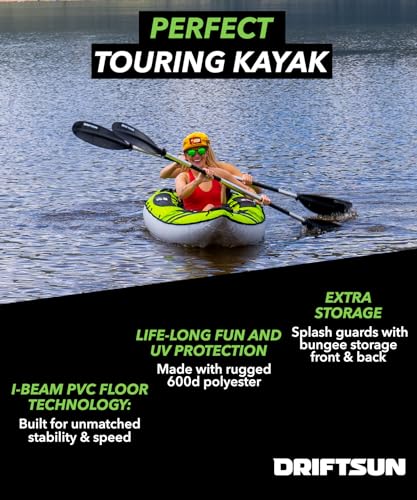 Driftsun Almanor Inflatable Kayak - Inflatable Touring Kayak - Inflatable 1 and 2 Person Kayaks for Adults with EVA Padded Seats, High Back Support, Paddles, Pump (1 Person, 2 Person, 2 Plus 1 Child)