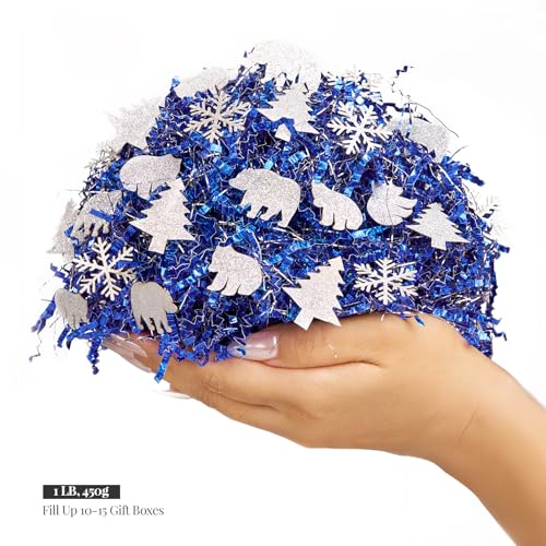 PAPER FAIR 1LB Metallic Red Green Christmas Crinkle Cut Paper Shred Filler w/Tree & Snowflake Confetti, Gift Wrap Packaging Raffia Tissue Strand, Craft Bedding Cushion, Winter Birthday Box Basket