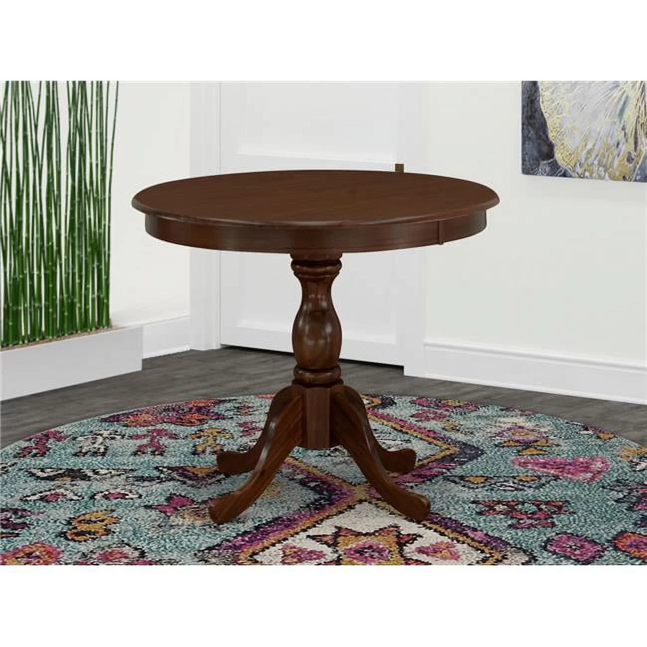 Antique Round Wood Table with Mahogany Table Top Surface & Asian Wood Round Pedestal Legs