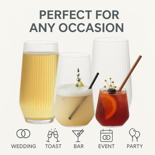 48 Pack Ribbed Ripple Stemless Toasting Glasses, Origami Durable 9 Oz BPA-Free Disposable Plastic Champagne Flutes for Weddings, Bars, Events, and Celebrations (Clear)