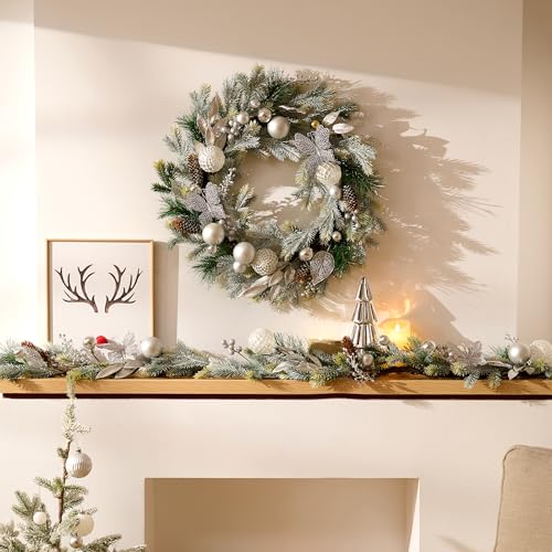 DecorbyHannah 24'' Pre-Lit Christmas Wreath for Front Door with Lights, Large Pink Lighted Christmas Wreaths with Ornaments for Window, Battery Operated Outdoor Xmas Wreath for Winter Holiday Decor