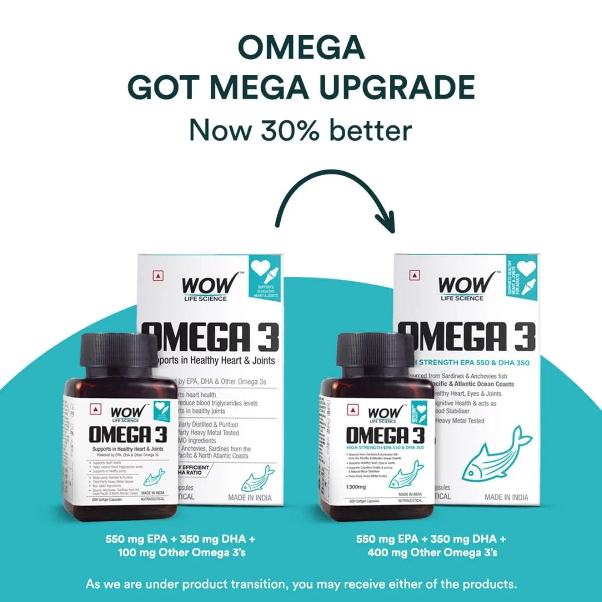 Wow Life Science Omega 3 Fish Oil 1300mg Triple 3X Strength 60 Capsules- 550 mg EPA & 350 mg DHA for Heart, Joints & Brain Health