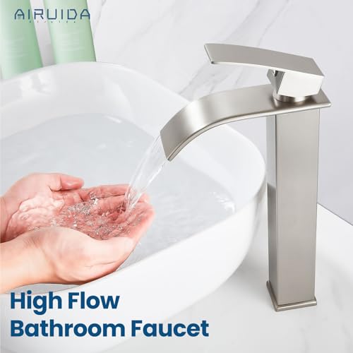 Airuida Brushed Gold Tall Waterfall Bathroom Vessel Sink Faucet Modern Bathroom Vanity Faucet Single Handle Single Hole Farmhouse Bar Mixer Tap Washbasin Faucet Deck Mount