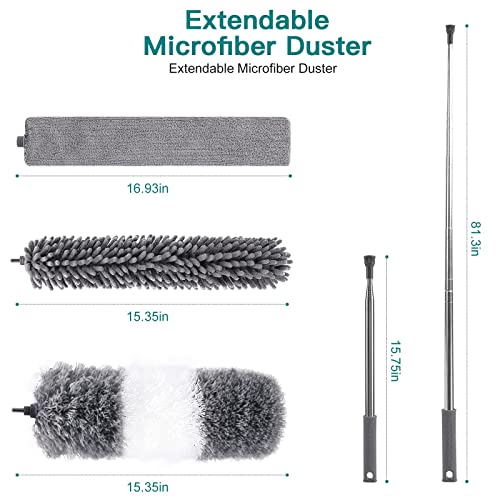 6PCS Microfiber Feather Duster Kits - Extendable & Bendable Dusters with Long Extension Pole, Washable Lightweight Dusters for Cleaning Ceiling Fan, High Ceiling, Blinds, Furniture, Cars