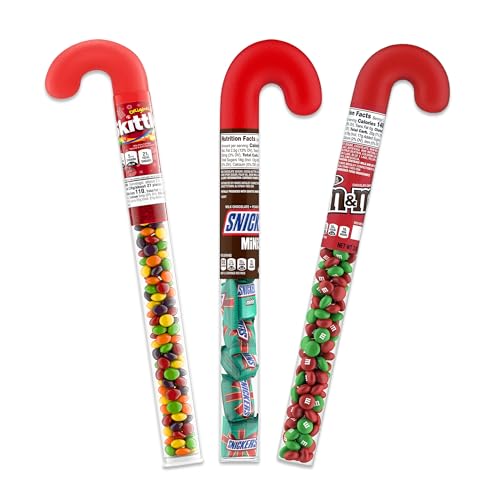 Snackivore Mini Snickers Candy Cane Tube, Christmas Skittles Filled Candy Cane Tube, and Christmas M Ms Candy Cane Tube- 3 Pack, Christmas Candy Canes Filled With Candy, Candy Canes with Chocolate