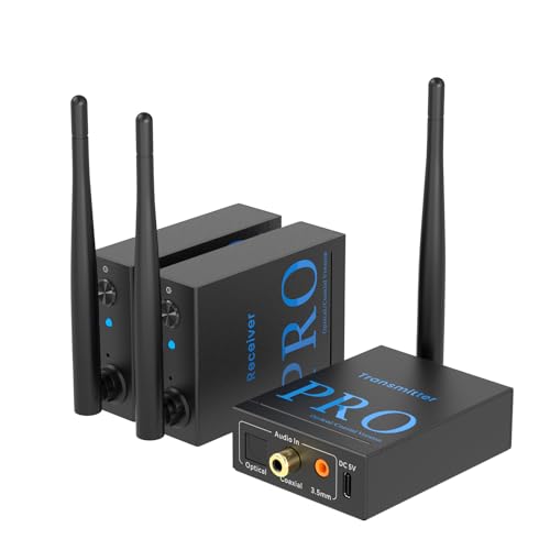 1Mii 3-in-1 2.4Ghz Wireless Audio Transmitter Receiver for 2 Subwoofer/Active Speaker/Power Amplifier, 20ms Low Latency, 320ft Range, Optical/Coaxial/3.5mm(RCA) Audio Input/Output