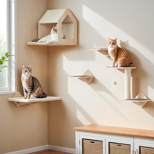 HOOBRO Wood Cat Wall Shelves, Set of 5 Cat Wall Mounted Furniture, Climbing Shelves with House, Steps, Scratching Post, Perch, Sturdy and Anti-Slip, Natural NL43CS03G1